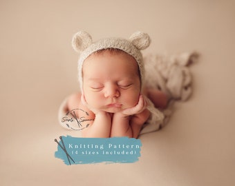 Knitting Pattern Bonnet Bear Size Newborn - 12 months included - INSTANT DOWNLOAD