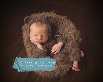 Knitting Pattern Hooded Bear Romper Outfit Size Newborn - 12 months included - INSTANT DOWNLOAD