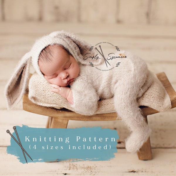 Knitting Pattern Footed Sleeper Jammies & Bunny Rabbit Bonnet Newborn - 12 months included - INSTANT DOWNLOAD