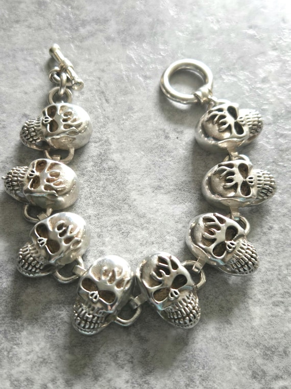 Solid Heavy 925 sterling silver biker bracelet sk… - image 1