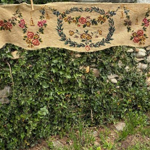 French Antique Embroidered Cross Stitch/Needlepoint Tapestry Over Door or Window Hanging / "Cantonnier" / With Flowers & Lanterns / c1700s