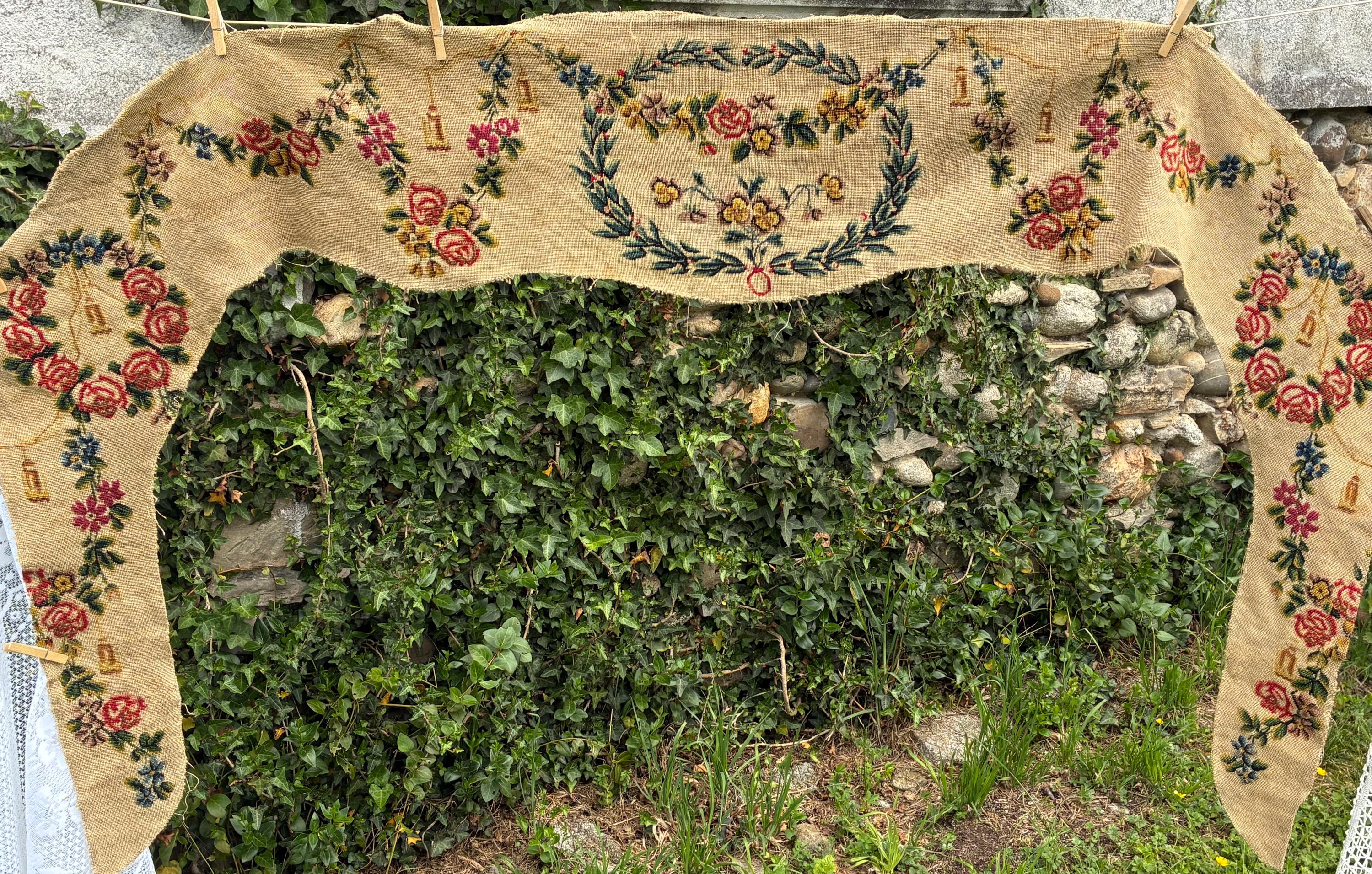 French Antique Embroidered Cross Stitch/Needlepoint Tapestry Over Door or Window Hanging / "Cantonnier" / With Flowers & Lanterns / c1700s