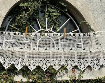 Small French Vintage Off White Net Lace Cafe Curtain/Panel / Anchor, Sun & Cloud Design