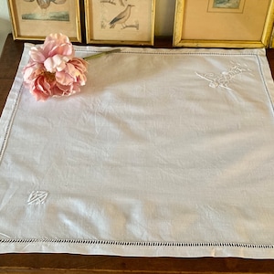 French Vintage White Embroidered Linen Square Centrepiece / Lovely &quot;BA&quot; Initials in Point de Bourdon  / French Decorative Linen