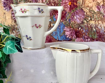 Two Small French Antique Porcelain Jugs / One in White with Charming Floral Decor & Lovely Gold Detail / One Barrel Shaped in White and Gold