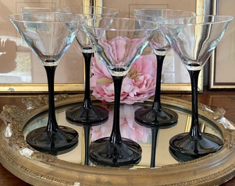 Six French Vintage Glass Martini/Cocktail Glasses With Long Black Stems / Discreetly Engraved "Regnier" On the Side / 1980s / By Luminarc