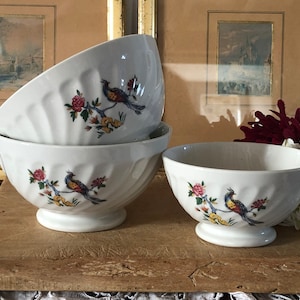 Three French Vintage Cafe au Lait Bowls / With Lovely Bird & Floral Decor / Charming Bowls by Sarreguemines / 1970s Breakfast Bowls