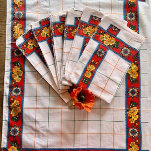Seven French Vintage 1970s Cotton Checked Torchons with Vibrant Floral Borders / Retro French Torchons / Unused 1970s French Tea Towels