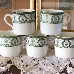 Five Small French Antique Coffee Cups / Old Espresso Sized Cups With Elegant Green and White Design / Slightly Cronky & Classic Coffee Cups