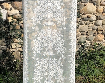 Long French Vintage Cream Net Panel / Lovely Design of Flowers in Vases with Scalloped Base & Fringing  / 1970s Long Floaty Net Panel