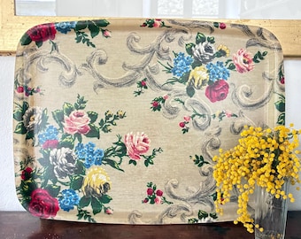 Bandeja grande francesa vintage de fibra de vidrio de los años 50 con una preciosa decoración floral vibrante / Bandeja de servir / Estilo retro francés chic