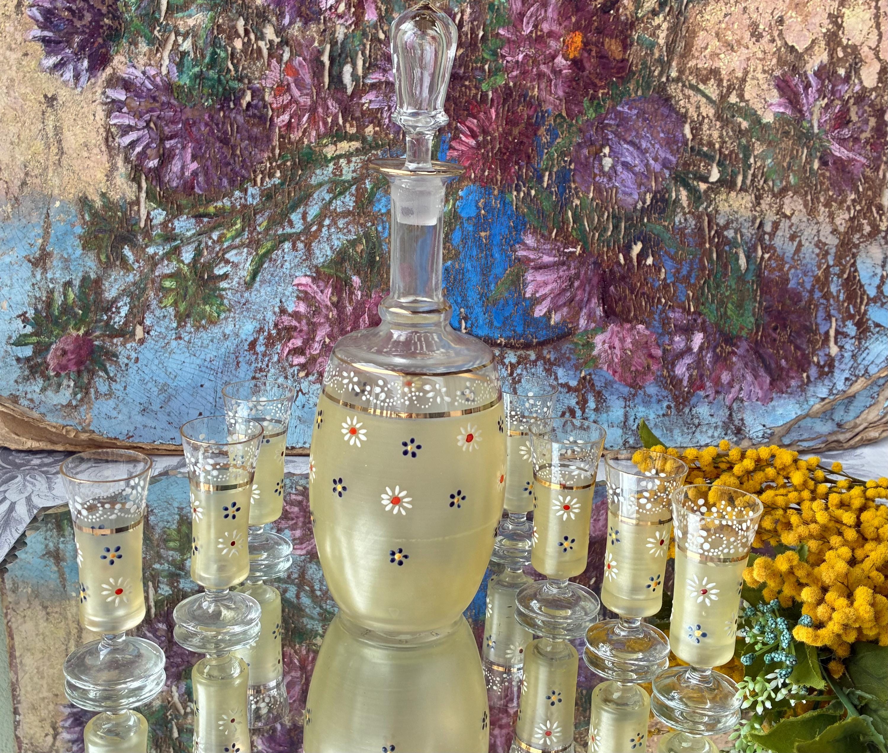 French Antique 1900s Liqueur/Shot Glasses & Matching Decanter / Hand Painted with Sweet Floral Design on a Yellow Background / Bygone Charm
