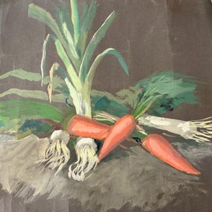 May include: A still life painting featuring fresh vegetables: vibrant orange carrots, green leeks, and white onions. The arrangement is set against a brown backdrop with a textured effect. The artwork is rendered in a painterly style.