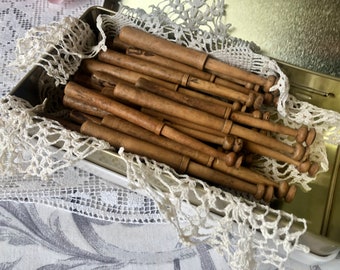 Bundle of Antique FrenchWooden Lacemaking Bobbins circa 1900s Contained in a Pretty Sweet Tin / Beautiful Lacemaking Gift