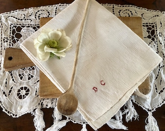 Large French Antique Rustic Linen Torchon / Initialled By Hand in Red "DC" / 1900s Kitchen Linen with Hanging Loop / Linen Torchon