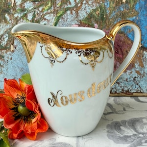 Small French Vintage Porcelain Jug In a White & Gold with &quot;Nous Deux&quot; (The Two of Us) / Pretty Little 1960s Jug Decorated in Gold / Limoges