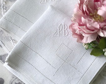 Two French Antique Large Square Linen Napkins Monogrammed "PB" / Two Elegant 1930s Napkins / Unique Gift Idea / Good Quality