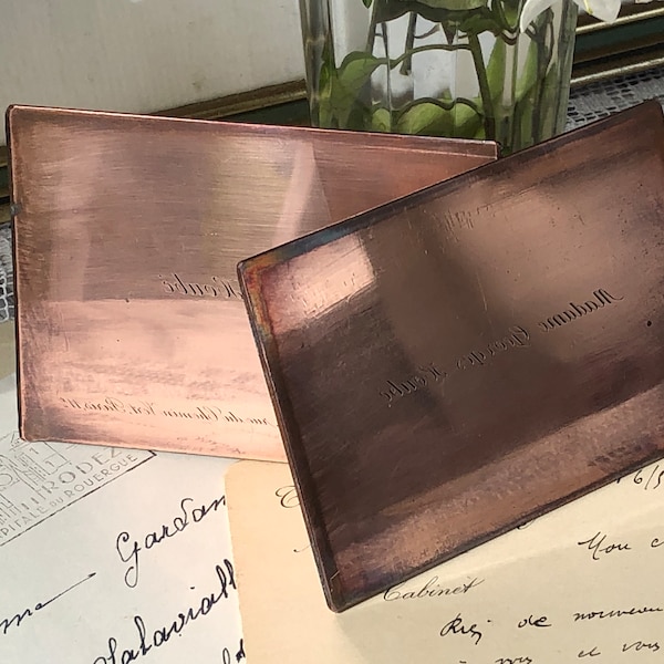 Two French Antique Copper Calling Card Engraving Plate / Carte de Visite / Lovely  Pair of Copper Printing Plates / One With Paris Address