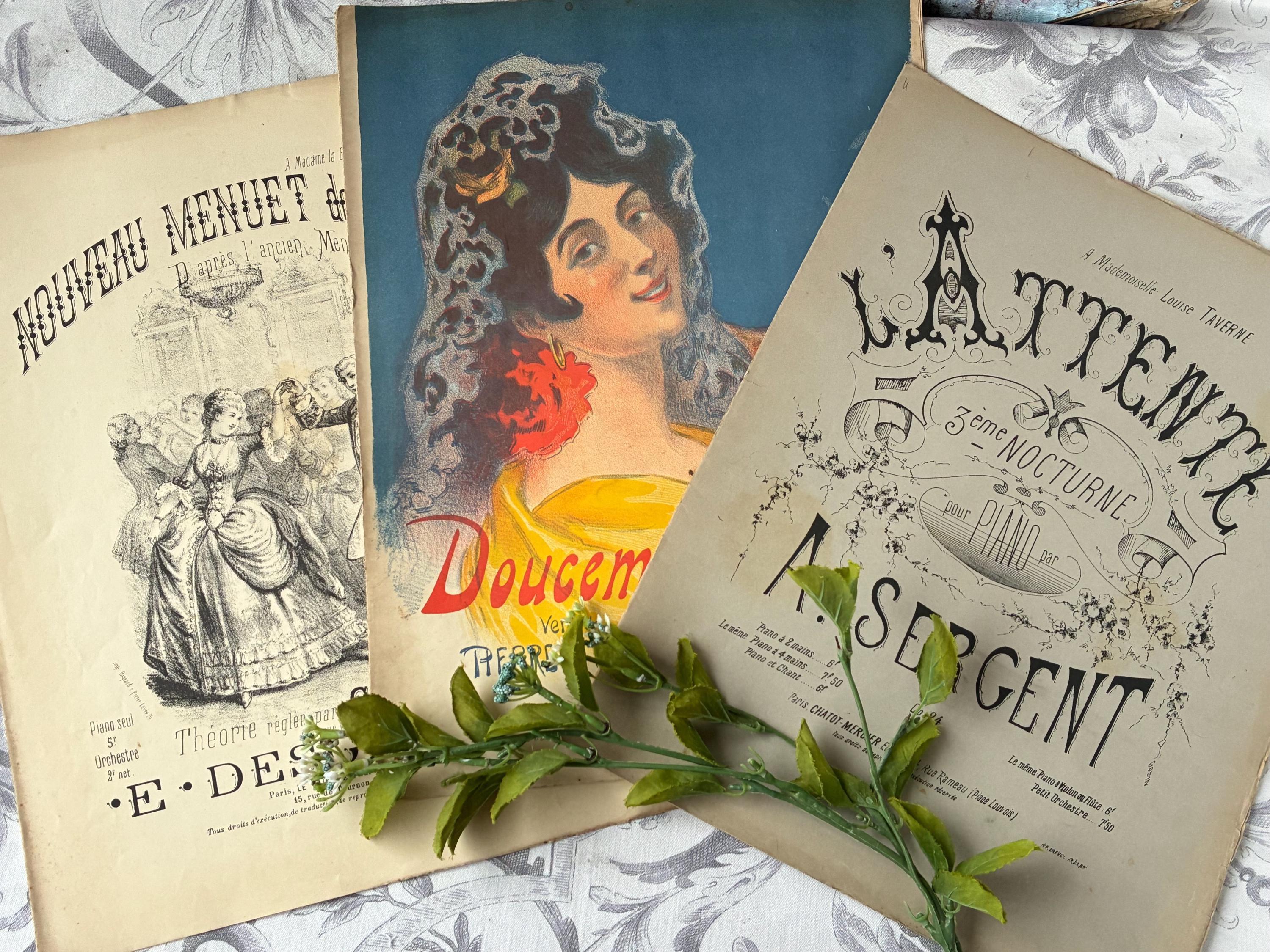 Three French Antique Music Scores with Beautiful Front Covers Great For Framing / Gorgeous Graphics / Lovely Old Music Sheets