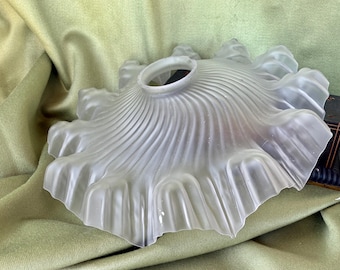 French Antique 1920s White Frosted Glass Light Shade / Frilled Edge Pendant Light