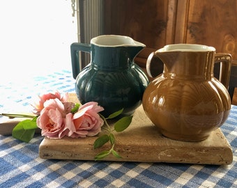 Pair of Small French Vintage Pot Bellied Jugs in Dark Green and Caramel Brown / Lovely Glaze & Shape / Fab Pair of Chunky Pitchers / 1920s