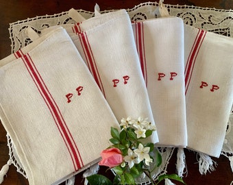 Four French Vintage Large Cotton/Linen Torchons Initialled PP / Iconic French Tea Towels / Country Kitchen Linens / Classic Red Stripe