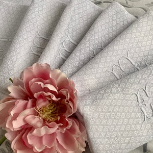 Six French Antique Blue & White Damask Tea Towels Torchons With Hand Embroidered &quot;EL&quot; Initials / Classic 1900s French Kitchen Linens