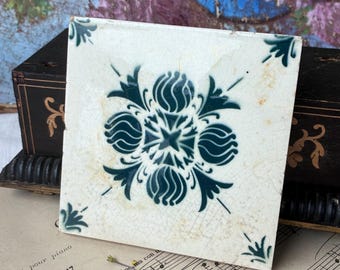 Small French Antique Green & White Ceramic Tile with Airbrushed Design / 1900s / By St Amand