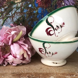 Pair of French Vintage Cafe au Lait Bowls With Charming Pink & Red Design with "Epargne" (Savings) on the Front / Advertising Bowl by Digoin
