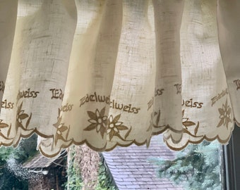 Charming French Vintage Cream & White Linen Café Curtain Called "Brise Bise" with Mountain Theme /  Embroidered with the Word "Edelweiss"