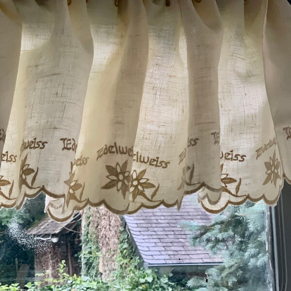 Charming French Vintage Cream & White Linen Café Curtain Called "Brise Bise" with Mountain Theme /  Embroidered with the Word "Edelweiss"