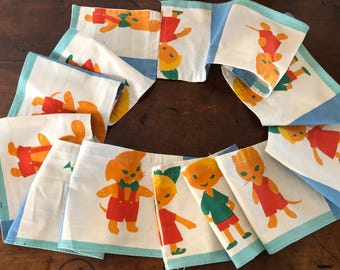 Long French Vintage Fabric Piece With Children's Illustrations of Cat, a Dog, a Girl & a Boy / Iconic 1950s Romanex de Boussac Fabric
