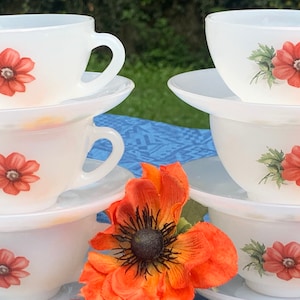 Six French Vintage 1970s Arcopal Opaline Coffee Cups and Saucers with Lovely Red Rose Design/ Iconic and Fun French Retro Coffee Cups
