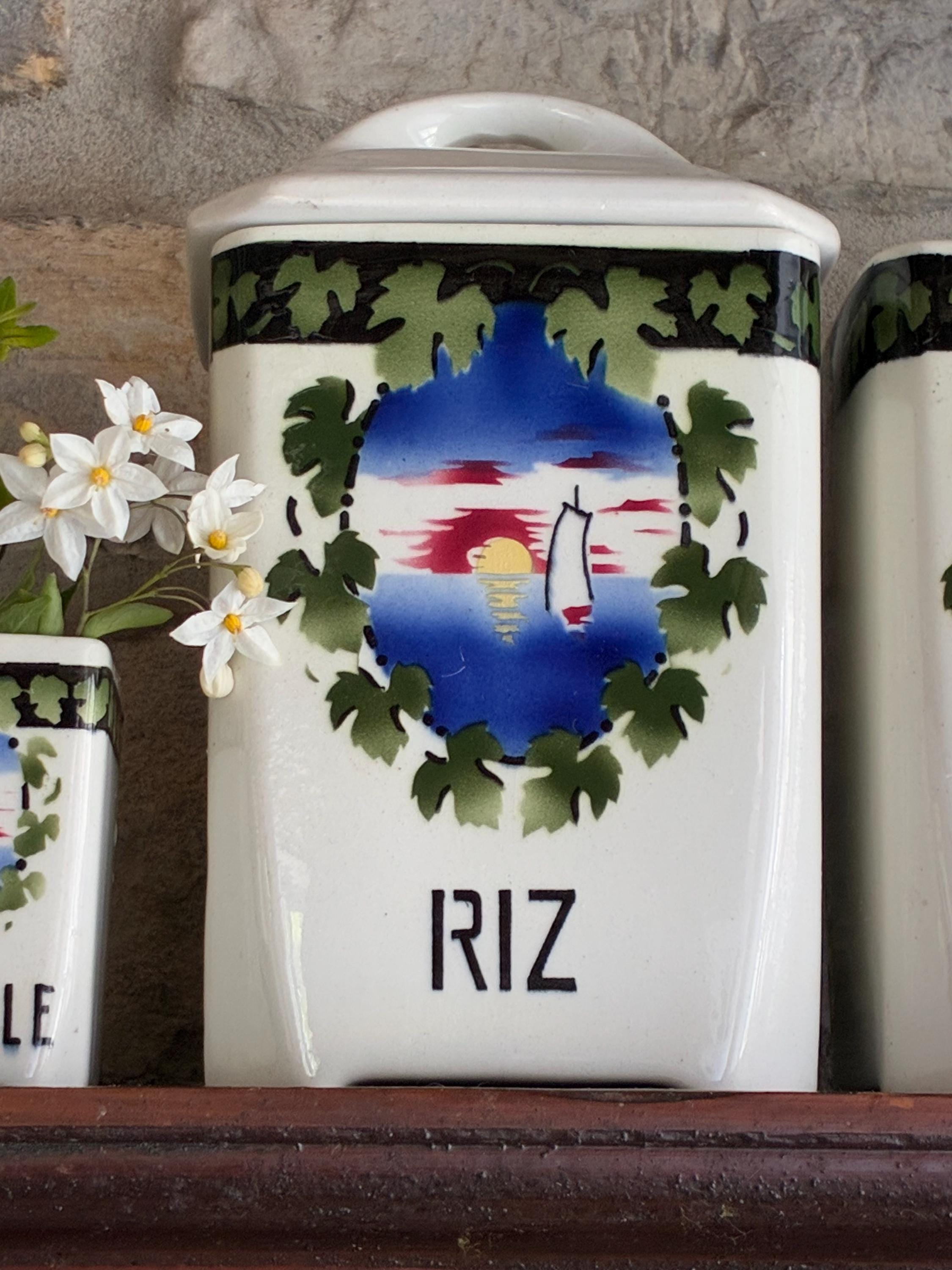 美しい青と緑の東洋の船の風景が描かれたフランスのヴィンテージ陶器製