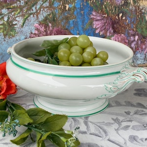 Small French Antique White Porcelain Lidless Soup Tureen with Gorgeous Handles & Hand Painted Green and Gold Detail by Pillivuyt / 1800s