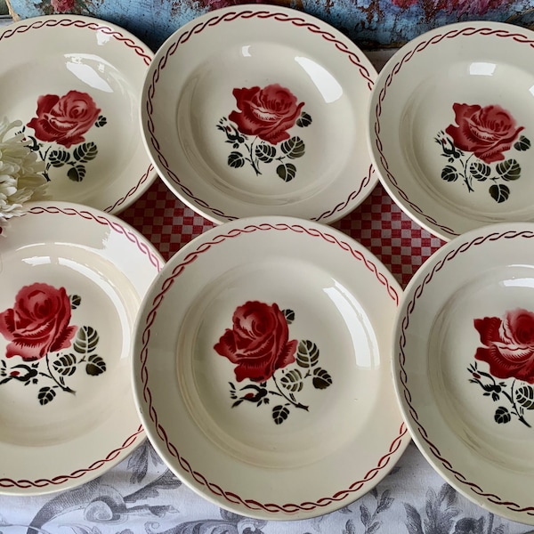 Six French Vintage Dinner Plates in Red and White with Delightful Air Brushed Rose Design / By Badonviller / Utterly Charming Dinner Plates