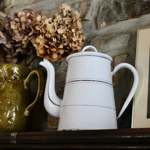 French Vintage Enamel Coffee Pot / Lovely French &quot;Cafetière&quot; in White & Gold / Cronky Two Part Enamelled Coffee Pot / Rustic French Kitchen