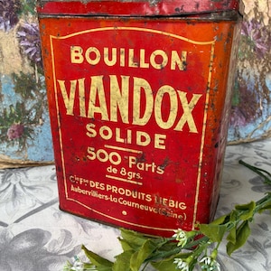 Grande lata francesa antiga &quot;Viandox&quot; / Linda lata vermelha e amarela rara para cubos de caldo de carne / Lata de loja antiga / Característica e ótima para exibição
