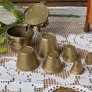 A Set of French? Antique Bronze Nesting Weights with Pretty Handle / Six Nuremberg Style Apothecary Cups / Gorgeous Set for Display
