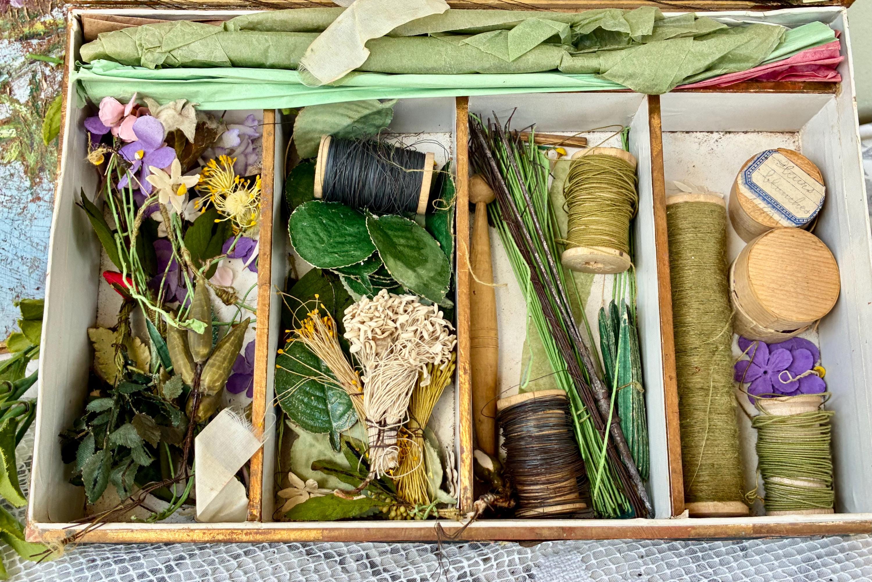 Beautiful French Antique Paper Covered Box Filled with Several Hat Making Elements / Unique Selection of Stamens, Flowers, Leaves, Wire etc