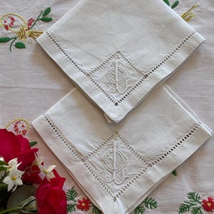 Two French Antique Small Linen/Cotton Hand Embroidered Napkins with &quot;LO&quot; Initials / Charming and Elegant 1920s Napkins / Lovely Gift Idea