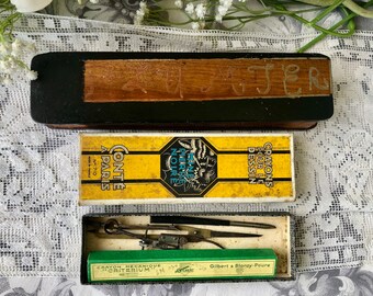 French Vintage Wooden Pencil Case/Box / Charming Old Box with the Word "Plumier" Hand Written in Child's Writing & Vintage Drawing Set
