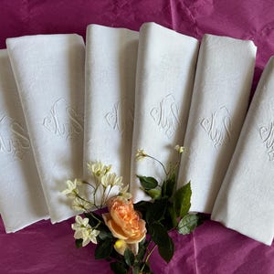 Six Large French Antique Linen Hand Embroidered Damask Napkins with &quot;LS&quot; Initials / Charming & Elegant French Napkins / Lovely Gift Idea