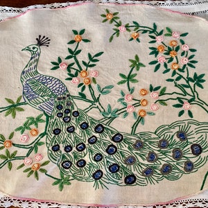 French Antique Hand Sewn Embroidered Large Linen Oval Piece Featuring a Peacock & Flowers/ circa 1900s / Wonderful Antique Centrepiece