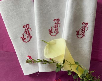 フランスアンティークリネンダマスクレストランナプキン6枚。中央に「B