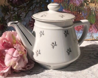 French Vintage Teapot in White with Silver Flowers / Charming 1930s Ceramic Teapot / Lovely Chunky Style for a French Farmhouse Look