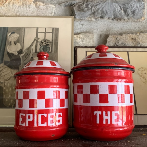 French Vintage Enamelled Canisters / Red & White 1930s Canisters / Delightful Shabby Chic French Kitchenware / French Kitchen Storage Pots