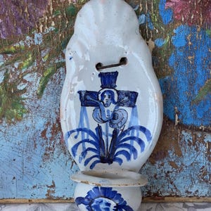 Small French Antique Ceramic &quot;Bénitier&quot; or Holy Water Font / Rustic 19th Century Blue & White Religious Wall Decor / Hand Painted Bénitier