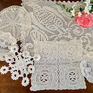 Set of Six French & Belgian Vintage Delicate Hand Made Lace and Crochet Pieces / Two from Brussels / Antique Embroidered Piece with Bird