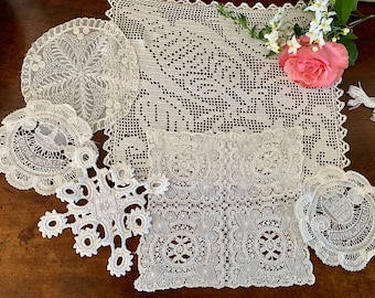 Set of Six French & Belgian Vintage Delicate Hand Made Lace and Crochet Pieces / Two from Brussels / Antique Embroidered Piece with Bird